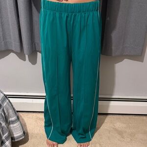Teal Wide-Leg Pants with White Piping